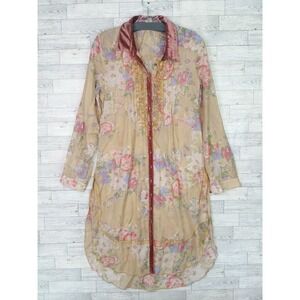 Aratta Silent Journey Floral Tunic Dress Button Down Semi-Sheer Dress Size XS